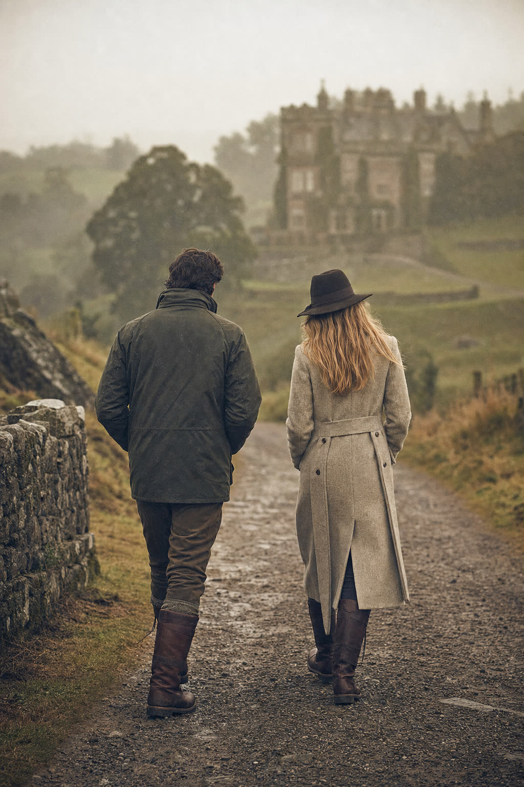 Two people walking towards a country estate
