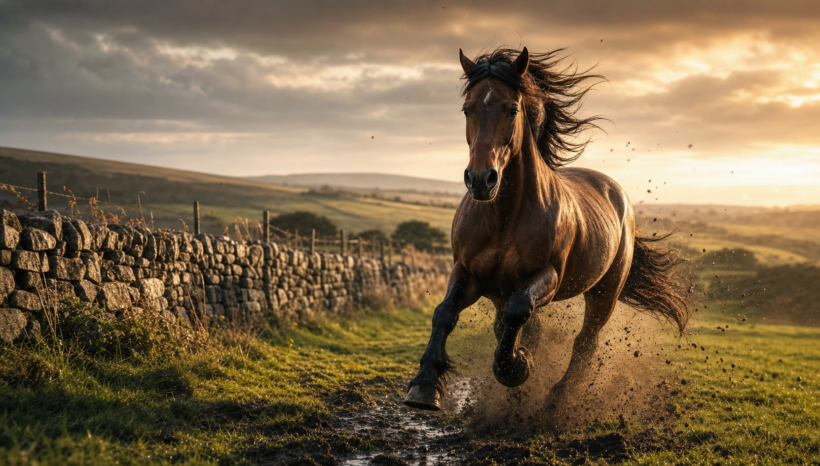 A horse galloping along a British field edge