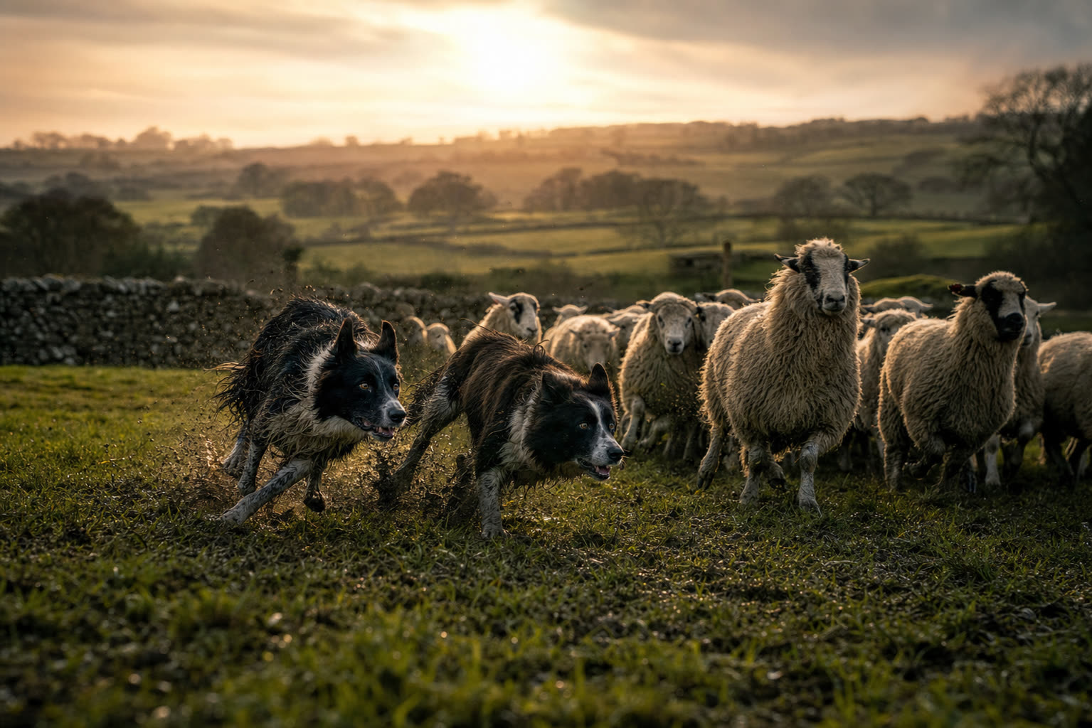 Sheepdogs running beside sheep in a British field
